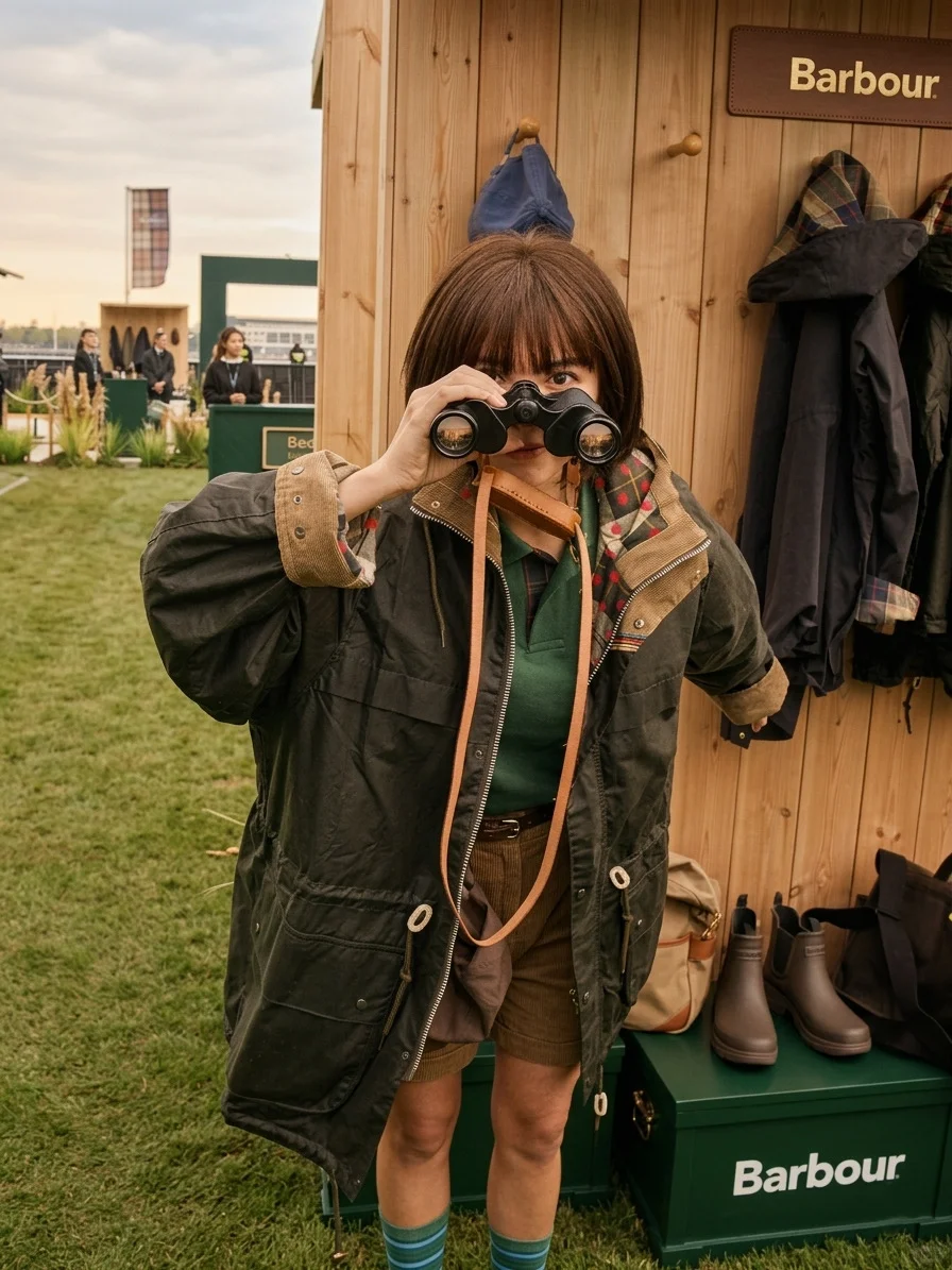 Child in Barbour jacket with binoculars