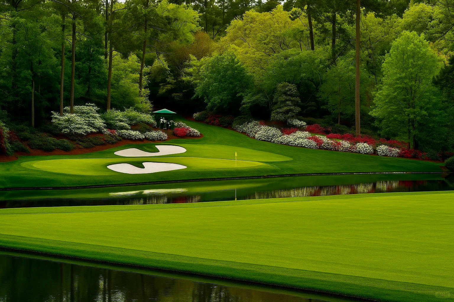 Augusta National panorama with flowering trees reflected in the pond
