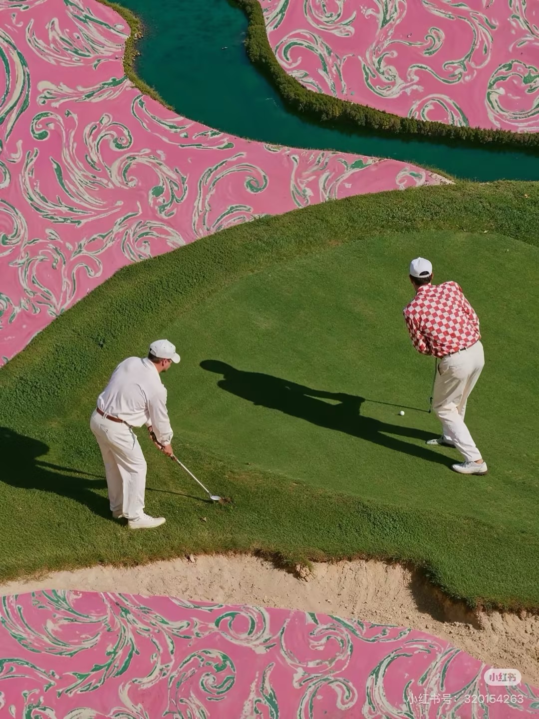 Aerial golf with surrealist pink pattern