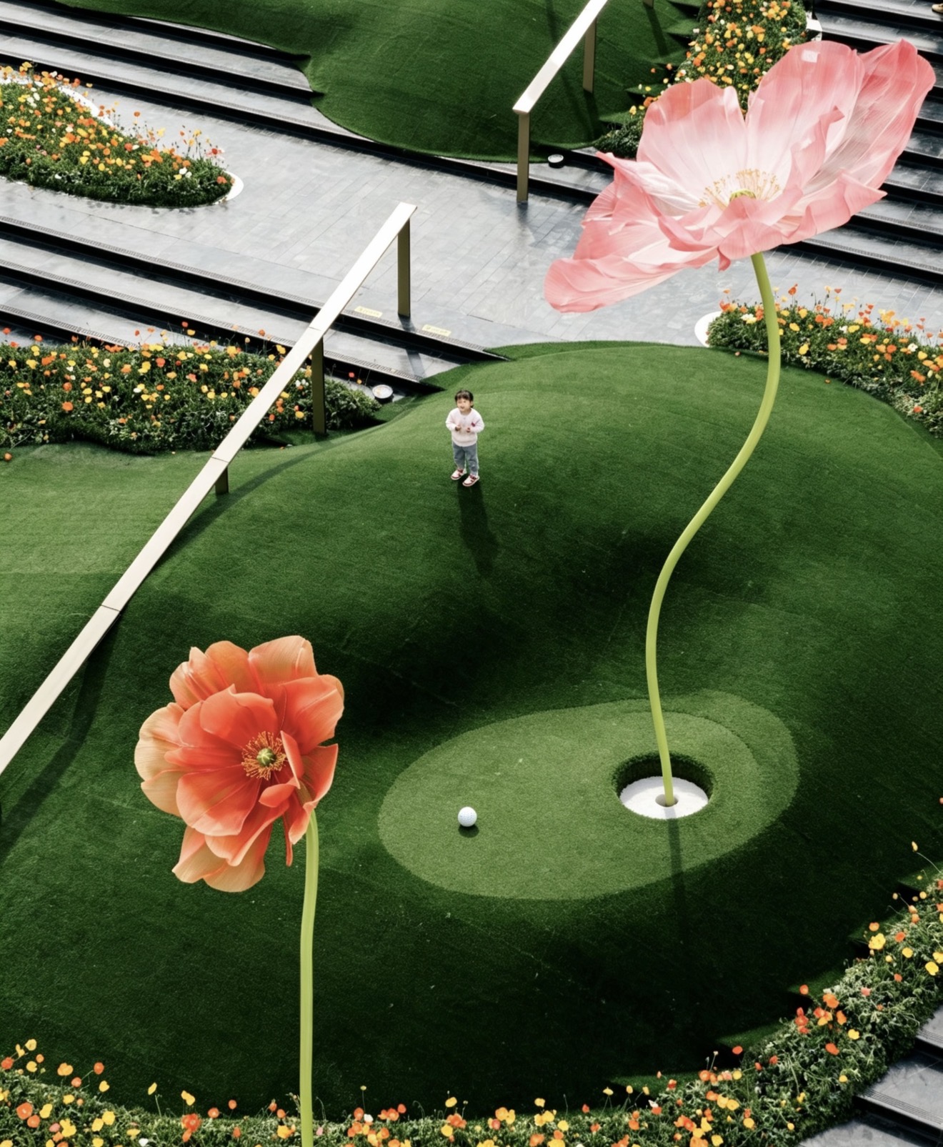 Aerial view of mini golf green with oversized floral art installations