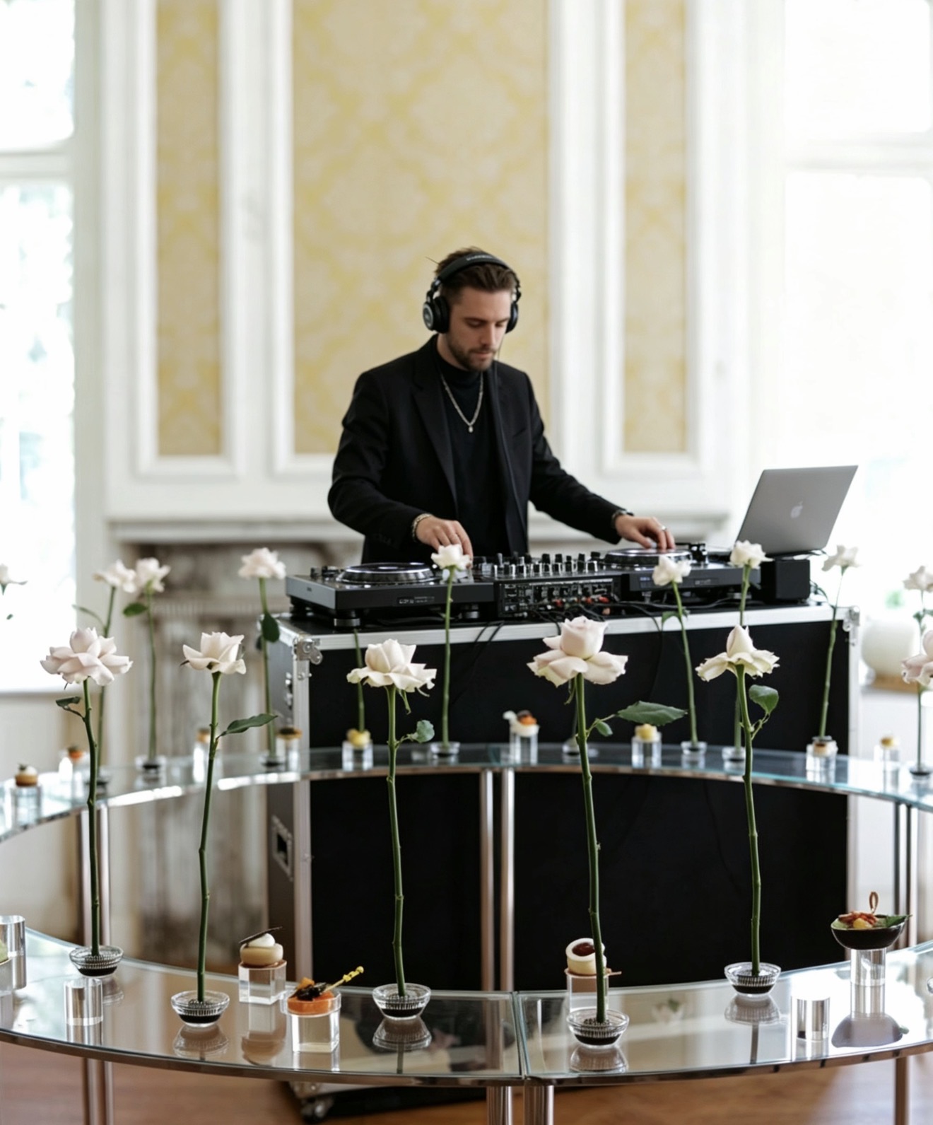 Vinyl DJ set with roses and ambient florals